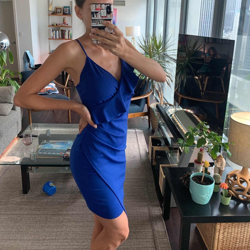 Lulu’s Cobalt Blue Bodycon Wrap Dress Ruffle